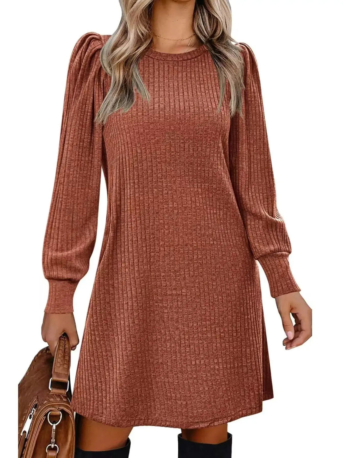 Grey Ribbed Knit Puff Sleeve Dress With Pockets - Bitsy Gypsy Boutique