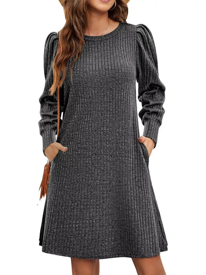 Grey Ribbed Knit Puff Sleeve Dress With Pockets - Bitsy Gypsy Boutique