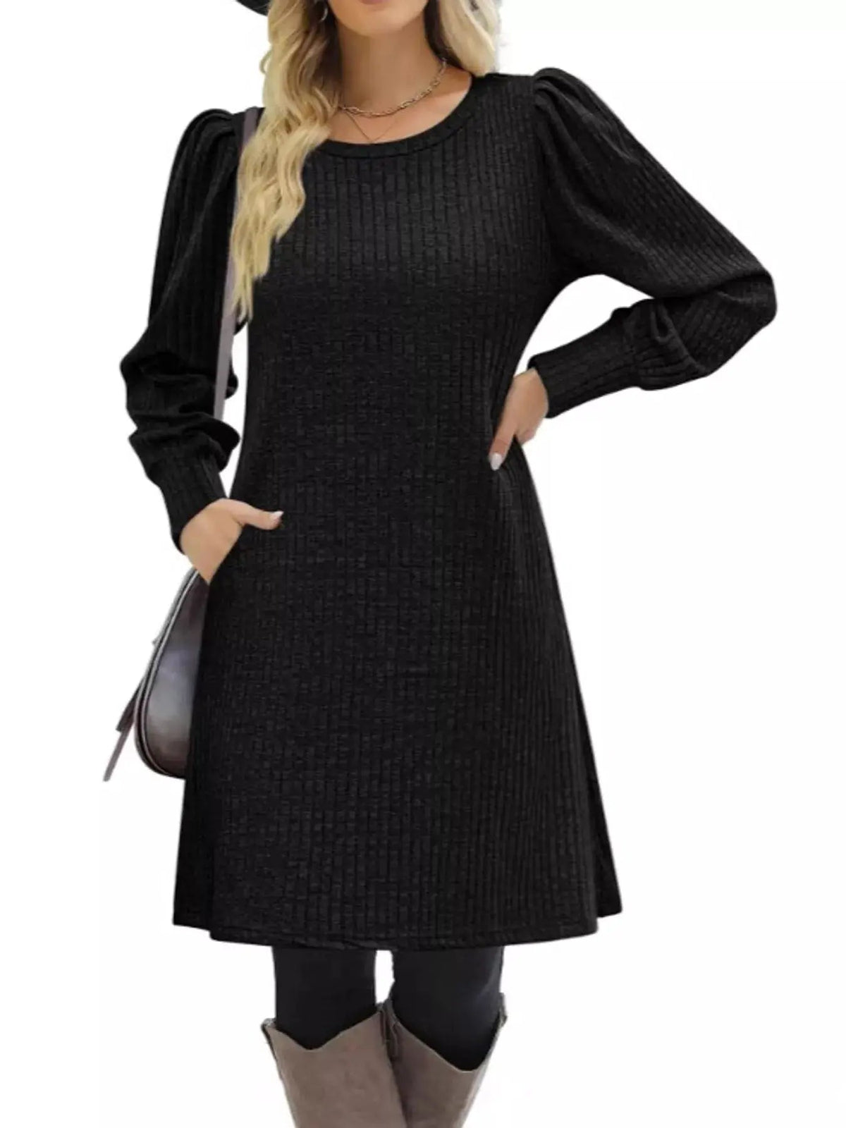 Grey Ribbed Knit Puff Sleeve Dress With Pockets - Bitsy Gypsy Boutique