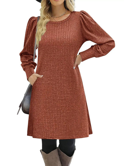 Grey Ribbed Knit Puff Sleeve Dress With Pockets - Bitsy Gypsy Boutique