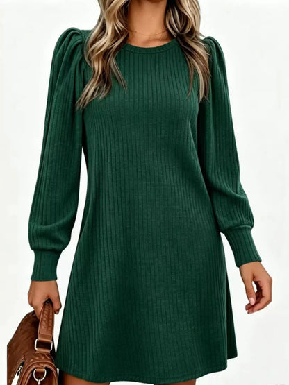 Grey Ribbed Knit Puff Sleeve Dress With Pockets - Bitsy Gypsy Boutique