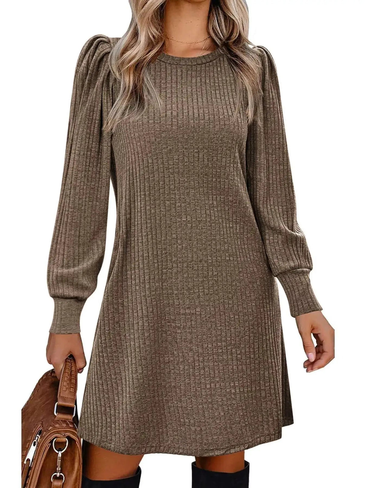 Grey Ribbed Knit Puff Sleeve Dress With Pockets - Bitsy Gypsy Boutique