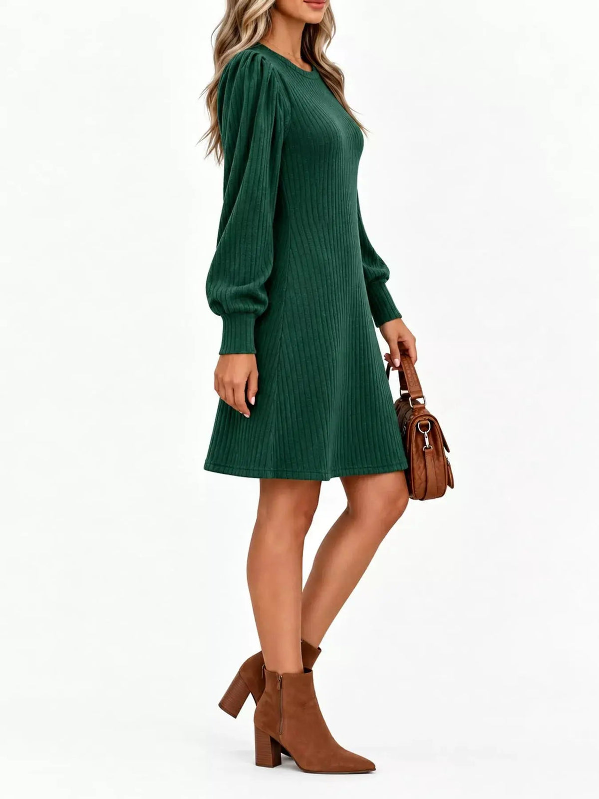 Grey Ribbed Knit Puff Sleeve Dress With Pockets - Bitsy Gypsy Boutique