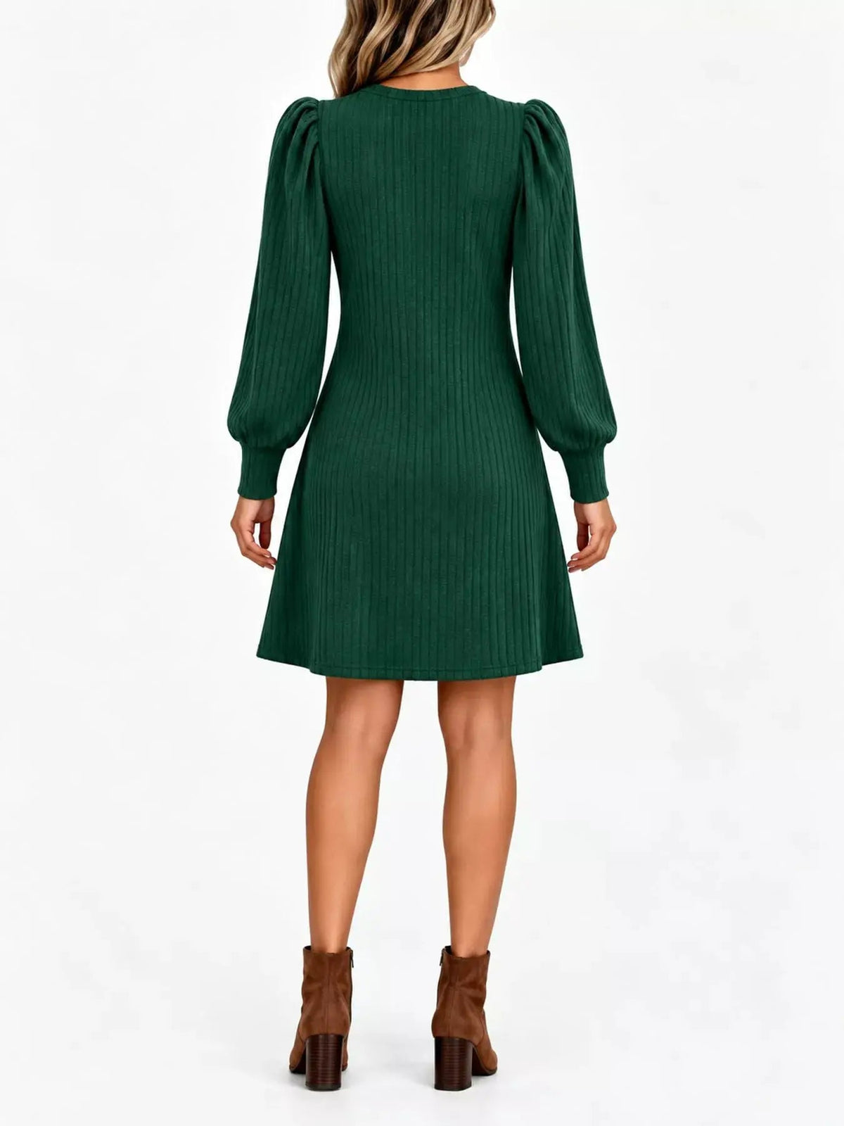 Grey Ribbed Knit Puff Sleeve Dress With Pockets - Bitsy Gypsy Boutique