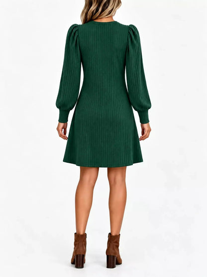 Grey Ribbed Knit Puff Sleeve Dress With Pockets - Bitsy Gypsy Boutique