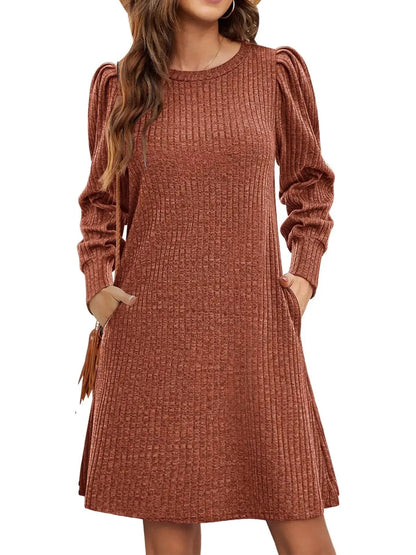 Grey Ribbed Knit Puff Sleeve Dress With Pockets - Bitsy Gypsy Boutique
