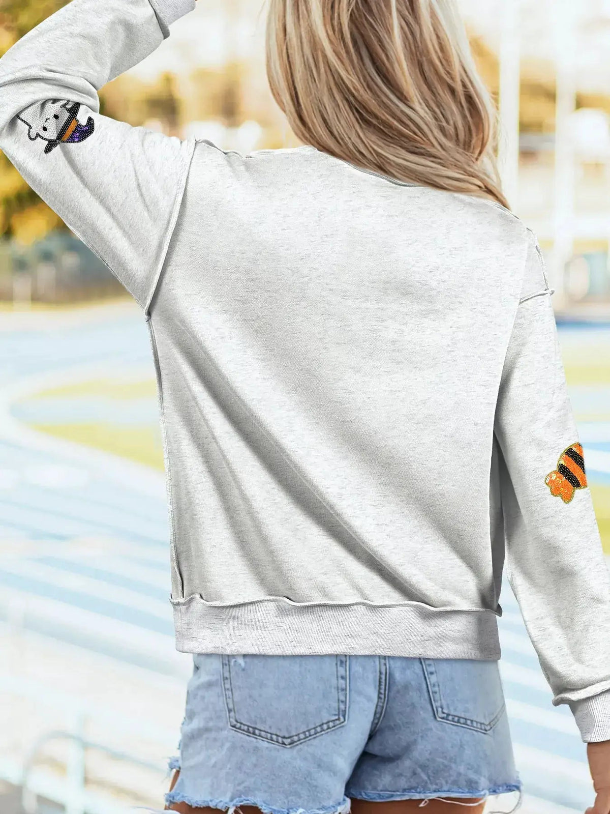 Grey Sequin Ghost Candy Graphic Long Sleeve Sweatshirt - Bitsy Gypsy Boutique