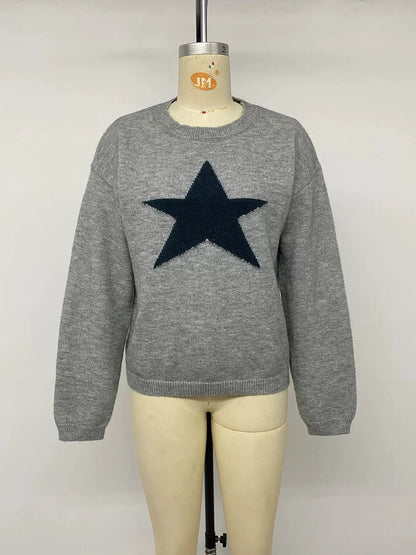Grey Star Pattern Dropped Shoulder Crew Neck Sweater - Bitsy Gypsy Boutique