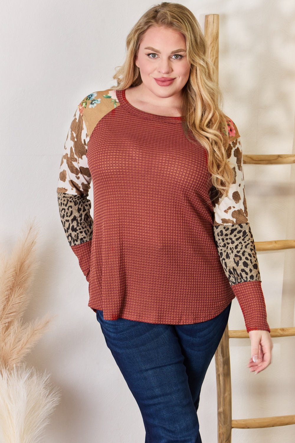 Hailey & Co Full Size Leopard Waffle - Knit Blouse - Bitsy Gypsy Boutique