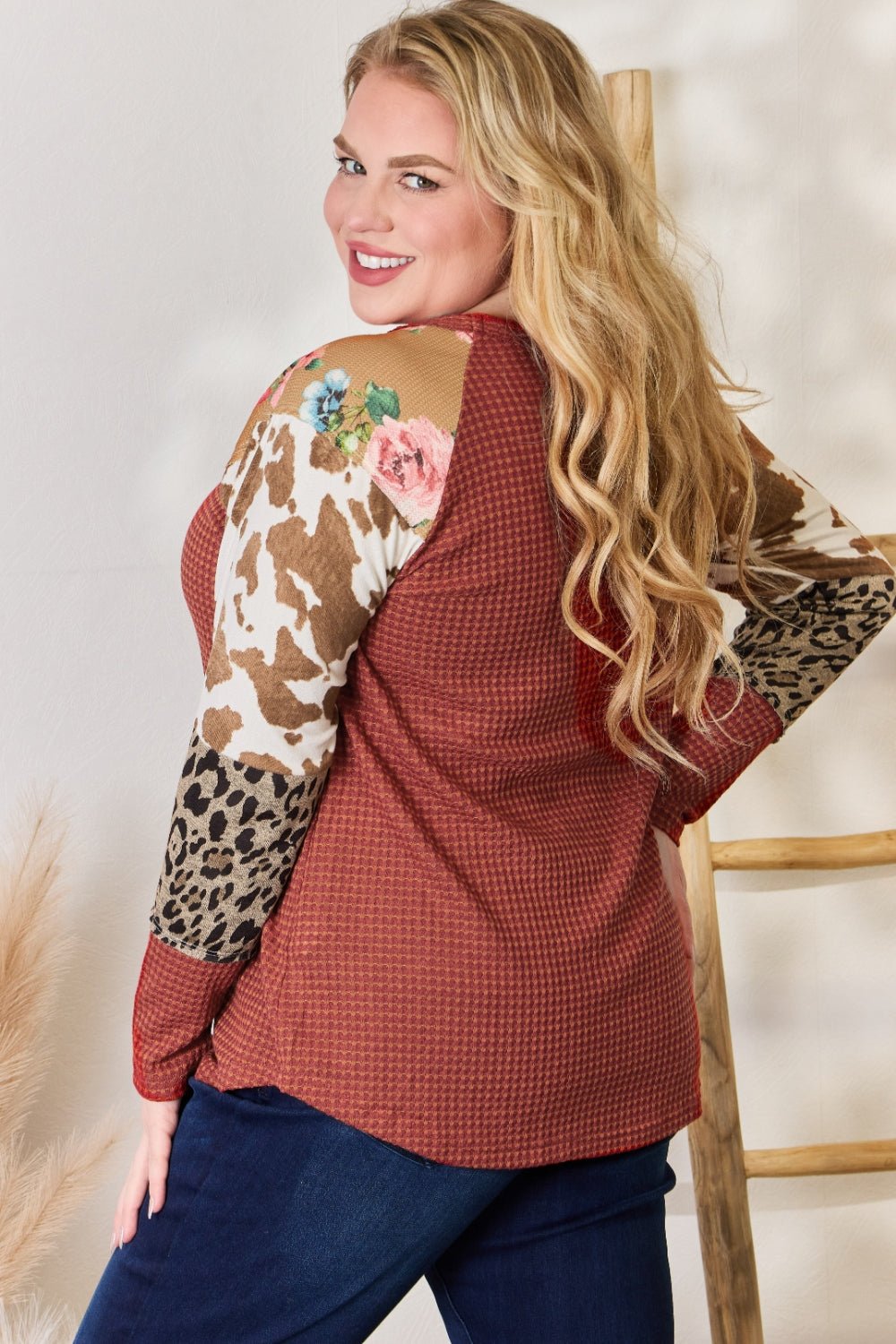 Hailey & Co Full Size Leopard Waffle - Knit Blouse - Bitsy Gypsy Boutique