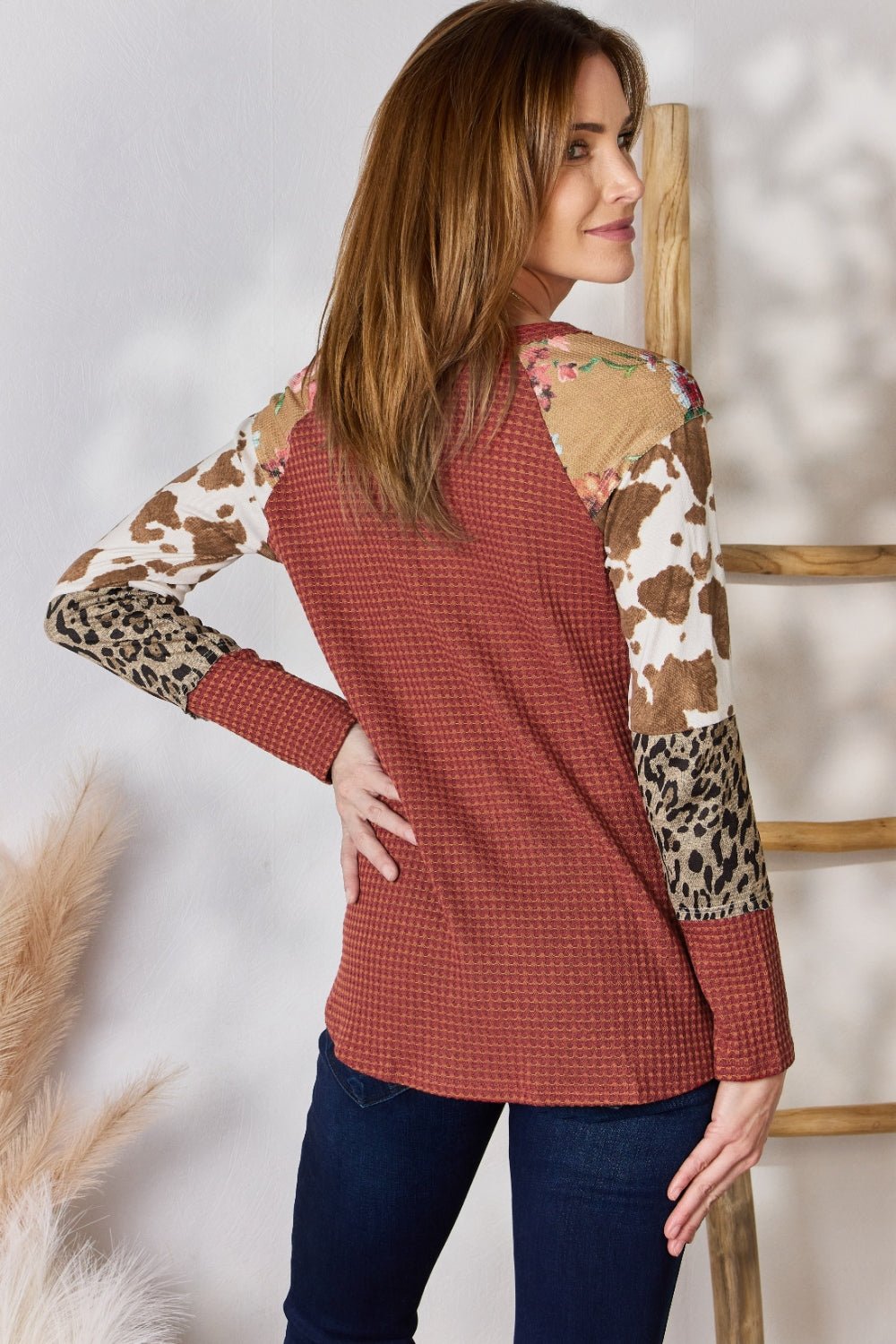 Hailey & Co Full Size Leopard Waffle - Knit Blouse - Bitsy Gypsy Boutique