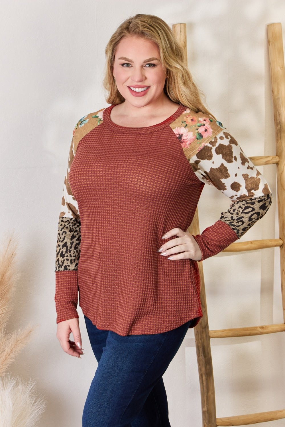 Hailey & Co Full Size Leopard Waffle - Knit Blouse - Bitsy Gypsy Boutique