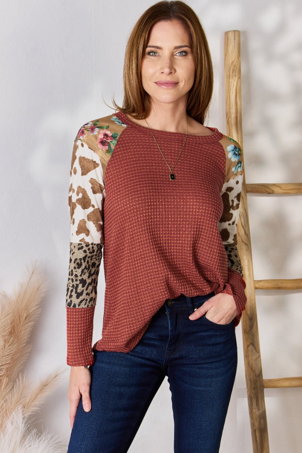 Hailey & Co Full Size Leopard Waffle - Knit Blouse - Bitsy Gypsy Boutique