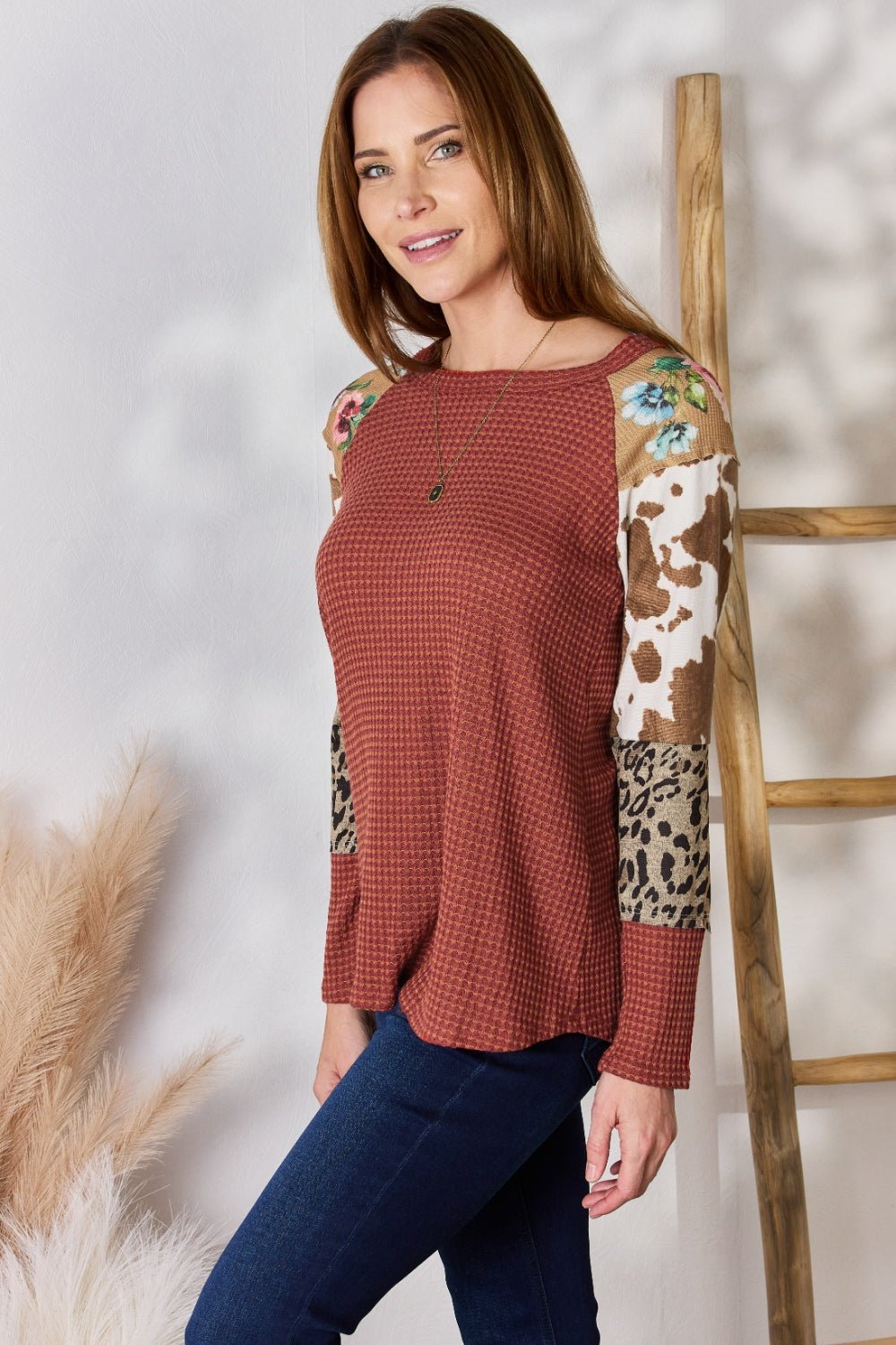 Hailey & Co Full Size Leopard Waffle - Knit Blouse - Bitsy Gypsy Boutique