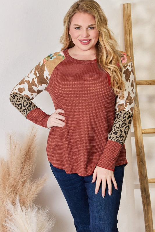 Hailey & Co Full Size Leopard Waffle - Knit Blouse - Bitsy Gypsy Boutique