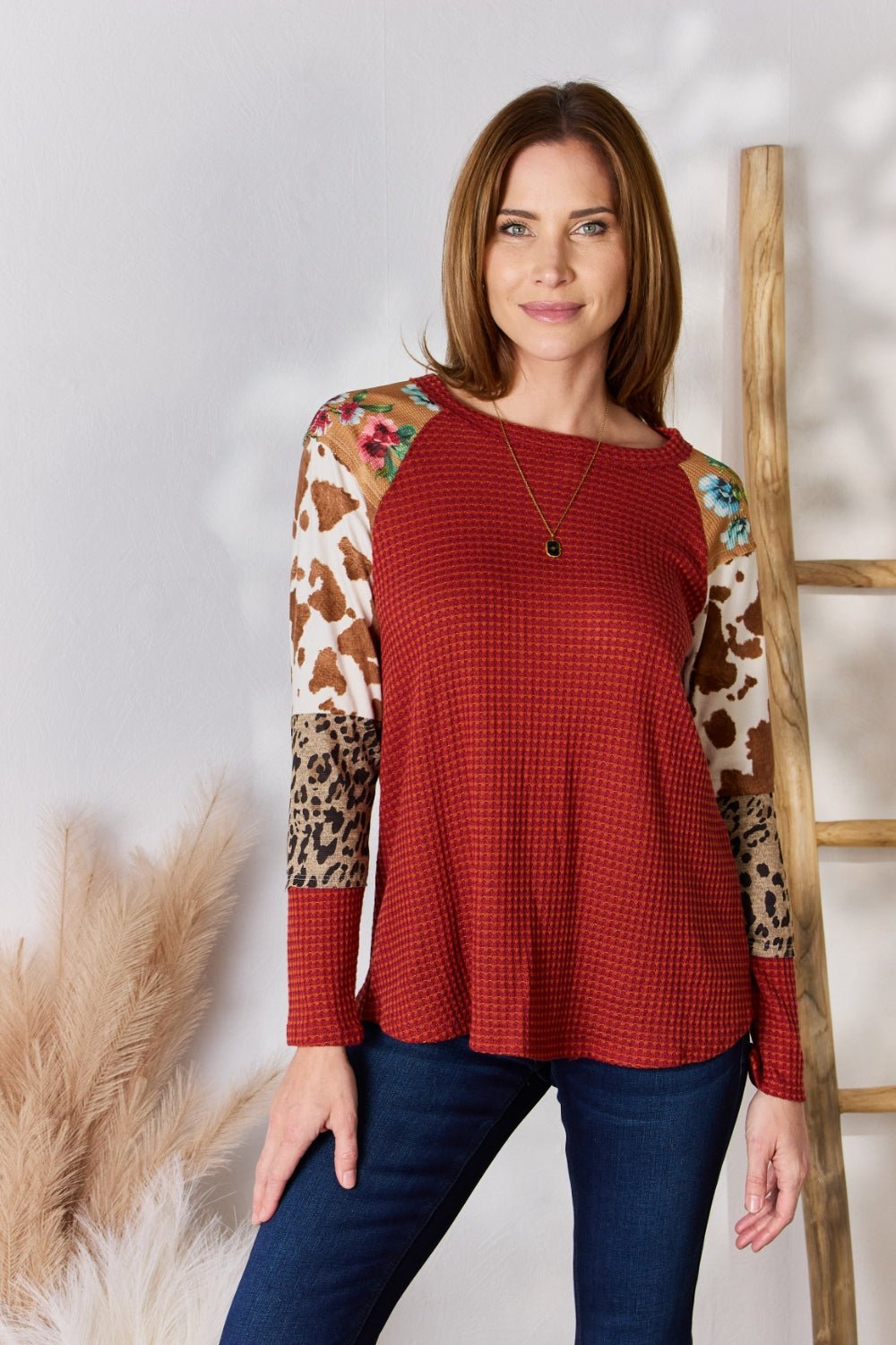 Hailey & Co Full Size Leopard Waffle - Knit Blouse - Bitsy Gypsy Boutique