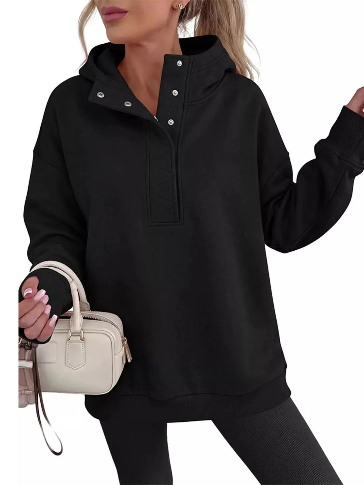 Half Snap Dropped Shoulder Hoodie - Bitsy Gypsy Boutique