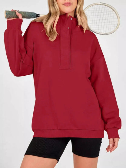 Half Snap Dropped Shoulder Hoodie - Bitsy Gypsy Boutique