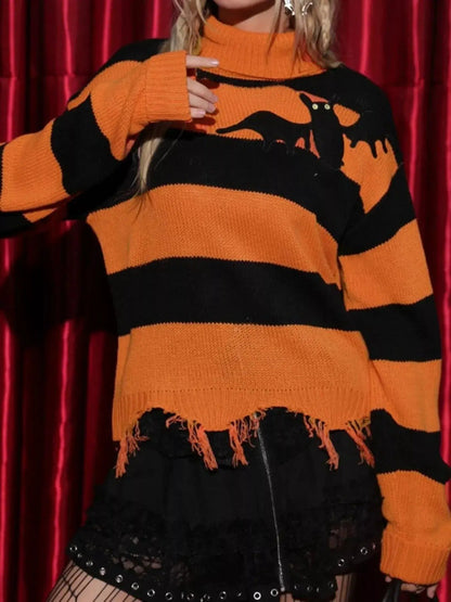 Halloween Bat Graphic Striped Turtleneck Raw Hem Sweater - Bitsy Gypsy Boutique