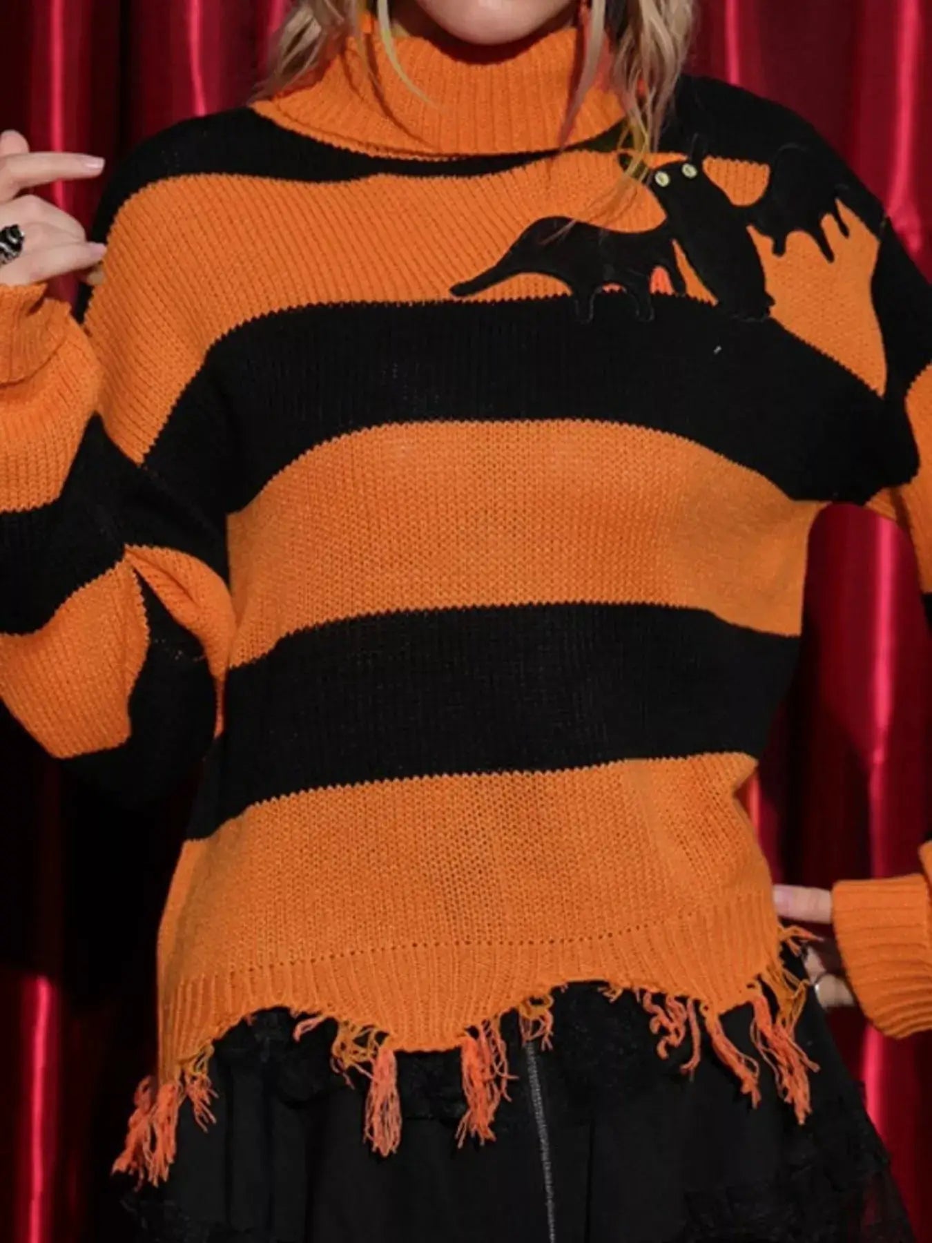 Halloween Bat Graphic Striped Turtleneck Raw Hem Sweater - Bitsy Gypsy Boutique