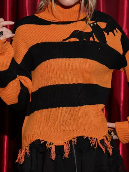 Halloween Bat Graphic Striped Turtleneck Raw Hem Sweater - Bitsy Gypsy Boutique