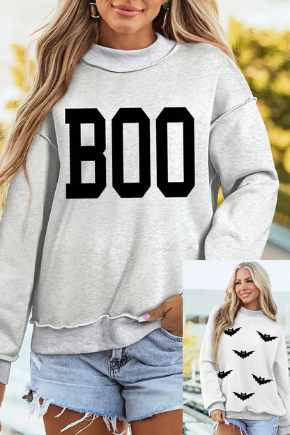 Halloween BOO & Bat Printed Reversible Mock Neck Sweatshirt - Bitsy Gypsy Boutique