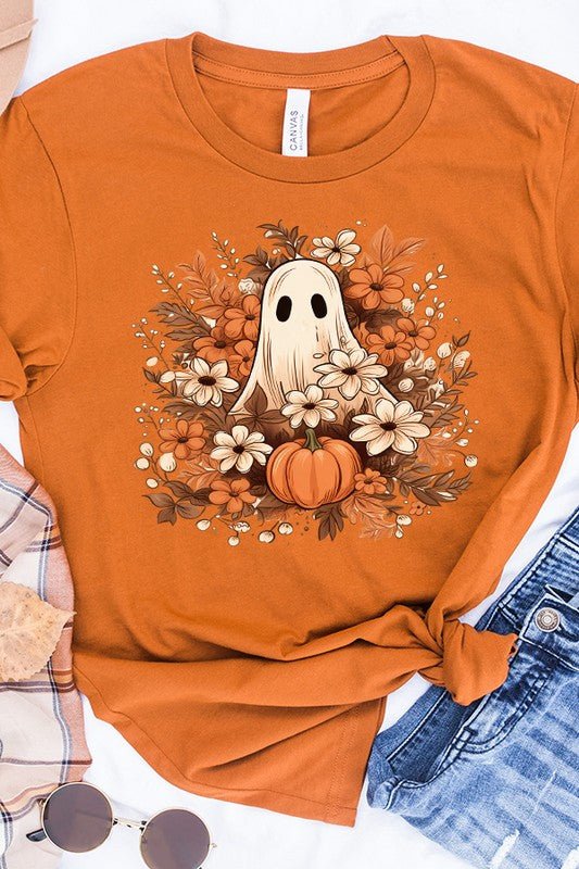 Halloween Ghost Flowers Pumpkins Graphic Tee - Bitsy Gypsy Boutique