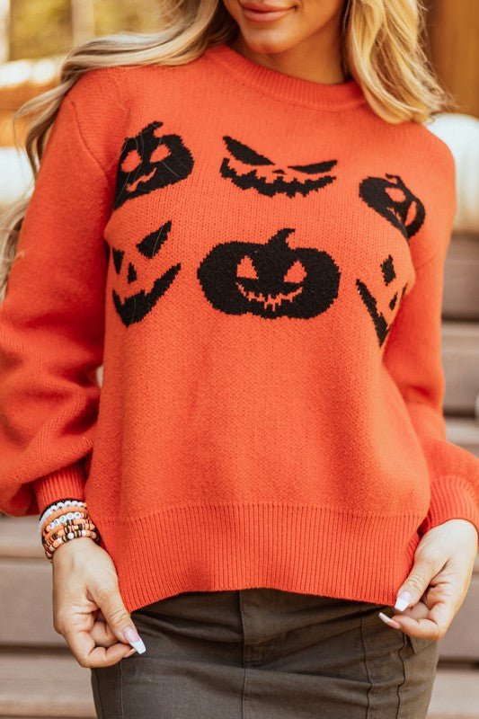 Halloween Pumpkin Face Drop Shoulder Sweater - Bitsy Gypsy Boutique