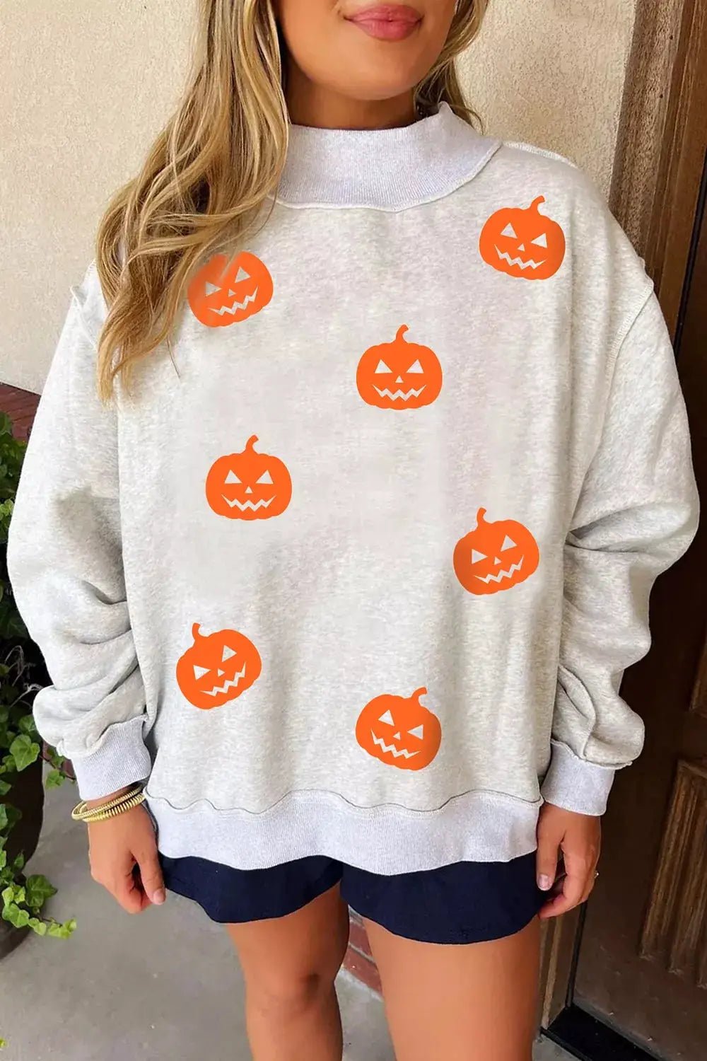 Halloween Pumpkin Face Print Mock Neck Reversible Sweatshirt - Bitsy Gypsy Boutique