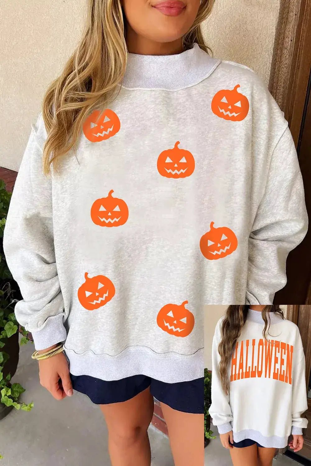 Halloween Pumpkin Face Print Mock Neck Reversible Sweatshirt - Bitsy Gypsy Boutique