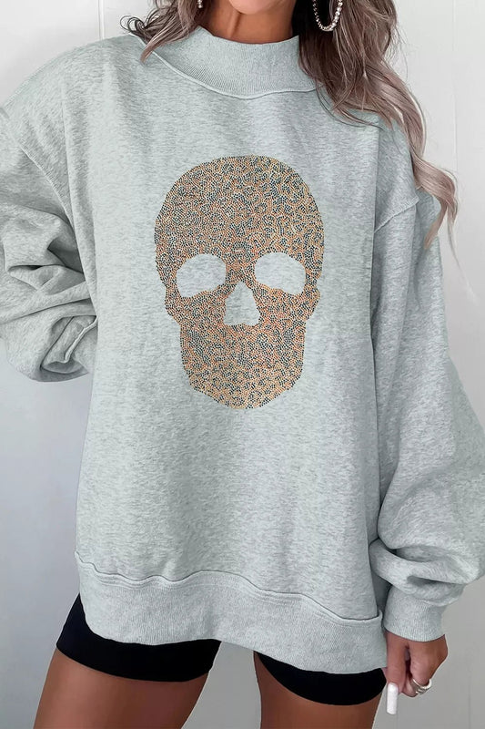 Halloween Rhinestone Skull Graphic Mock Neck Baggy Pullover Sweatshirt - Bitsy Gypsy Boutique