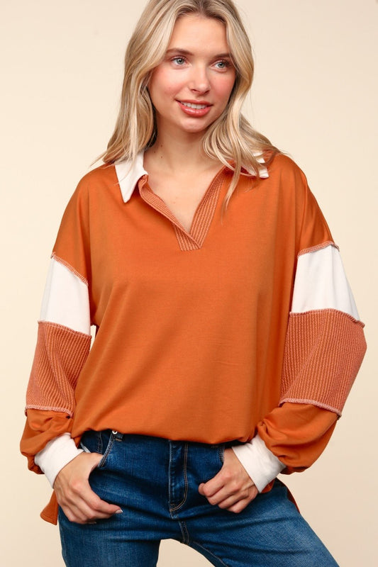 Haptics Color Block Exposed Seam Long Sleeve Top - Bitsy Gypsy Boutique