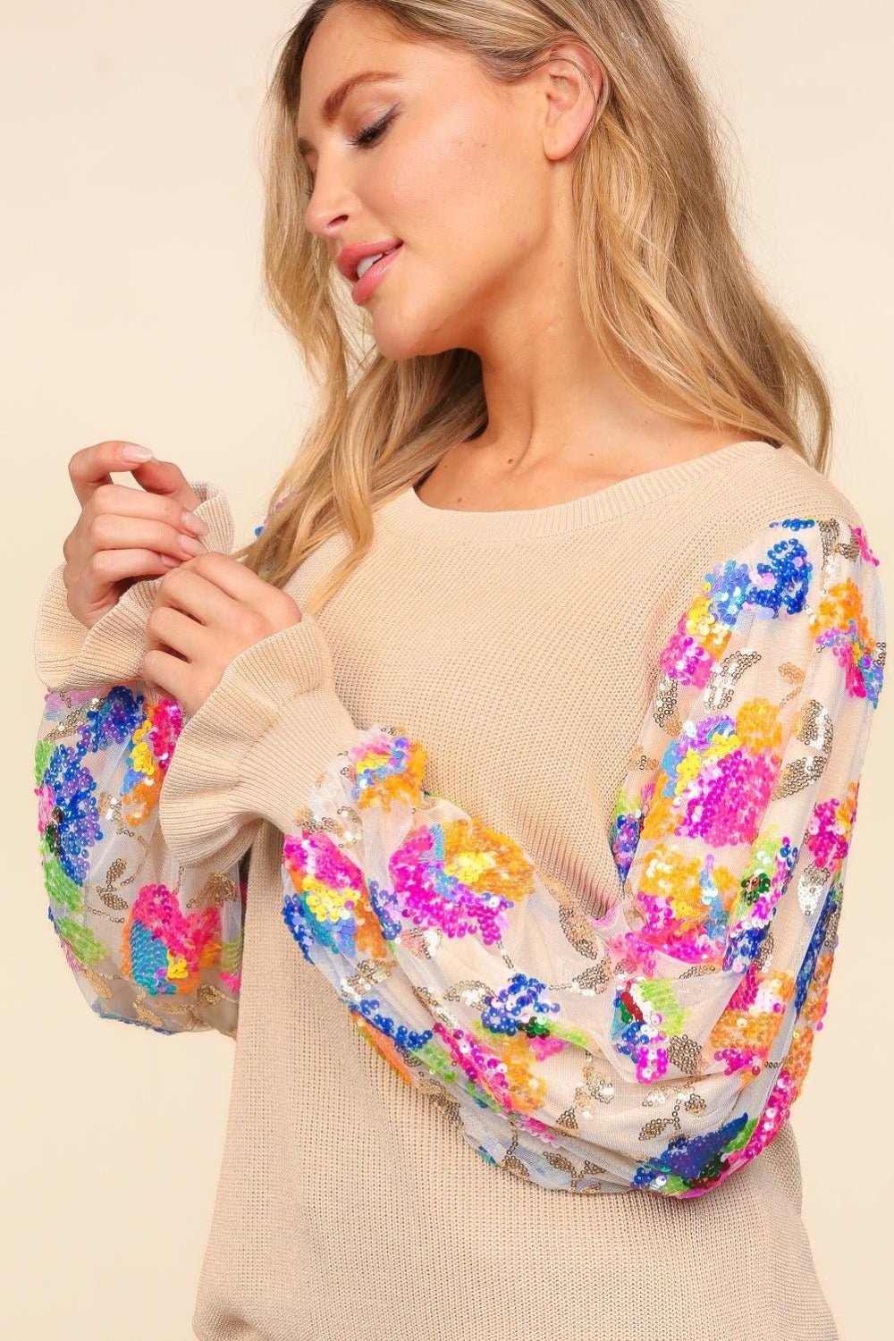 Haptics Floral Sequins Mesh Flounce Sleeve Sweater - Bitsy Gypsy Boutique