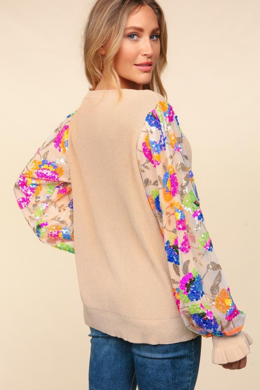 Haptics Floral Sequins Mesh Flounce Sleeve Sweater - Bitsy Gypsy Boutique