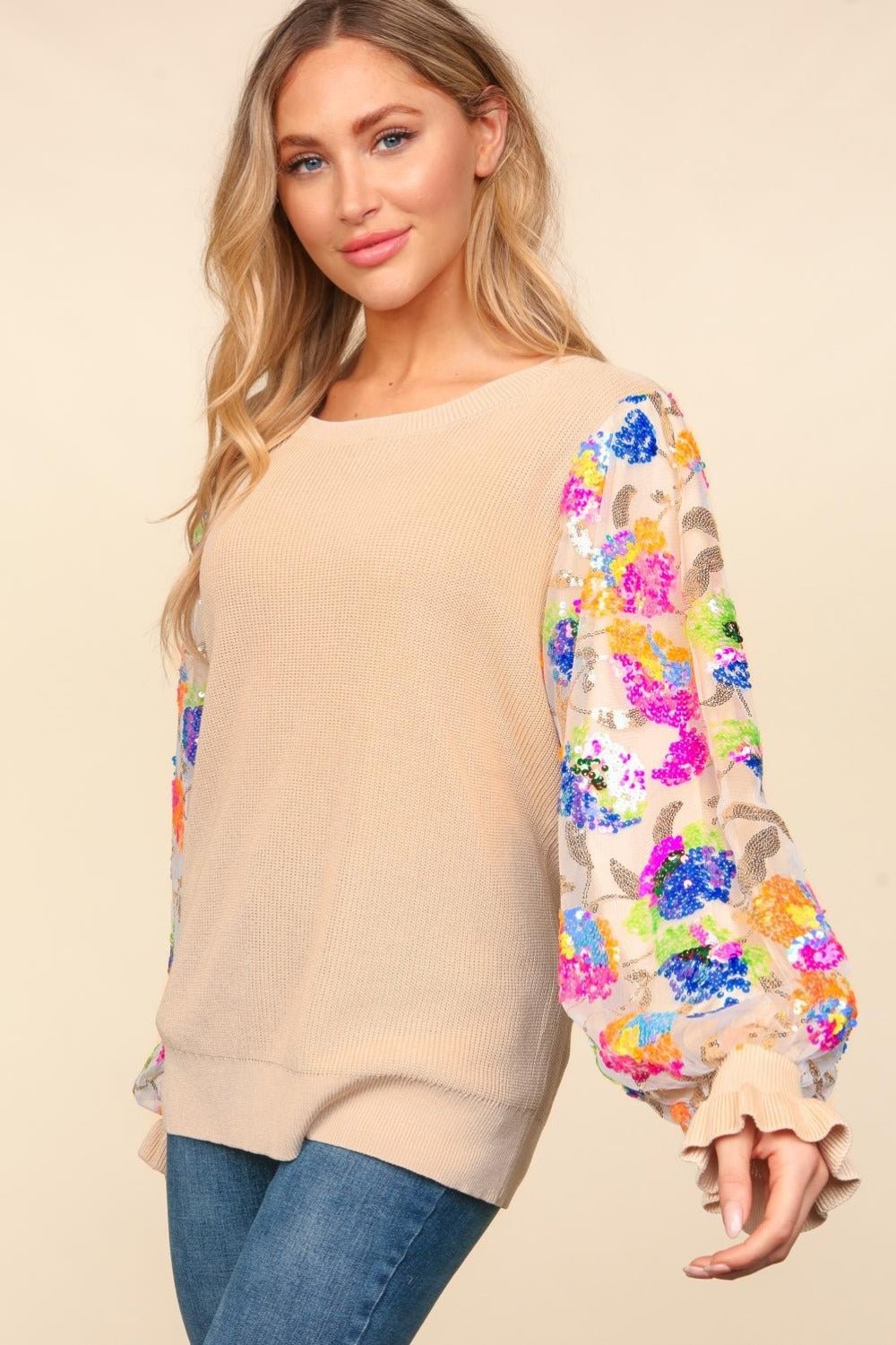 Haptics Floral Sequins Mesh Flounce Sleeve Sweater - Bitsy Gypsy Boutique