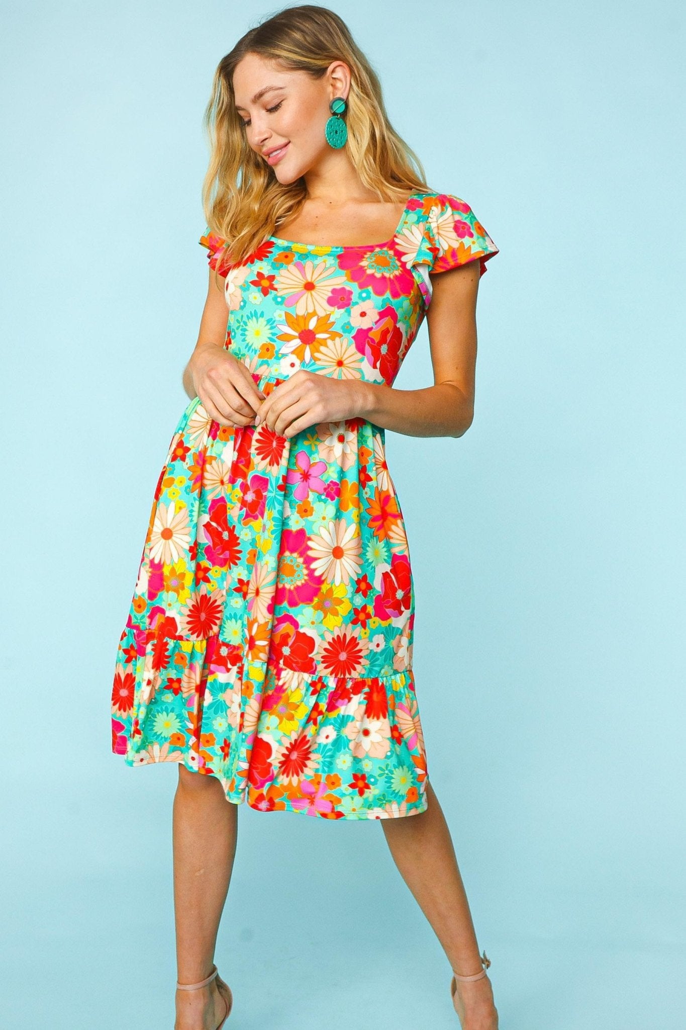 Haptics Floral Square Neck Short Sleeve Dress - Bitsy Gypsy Boutique