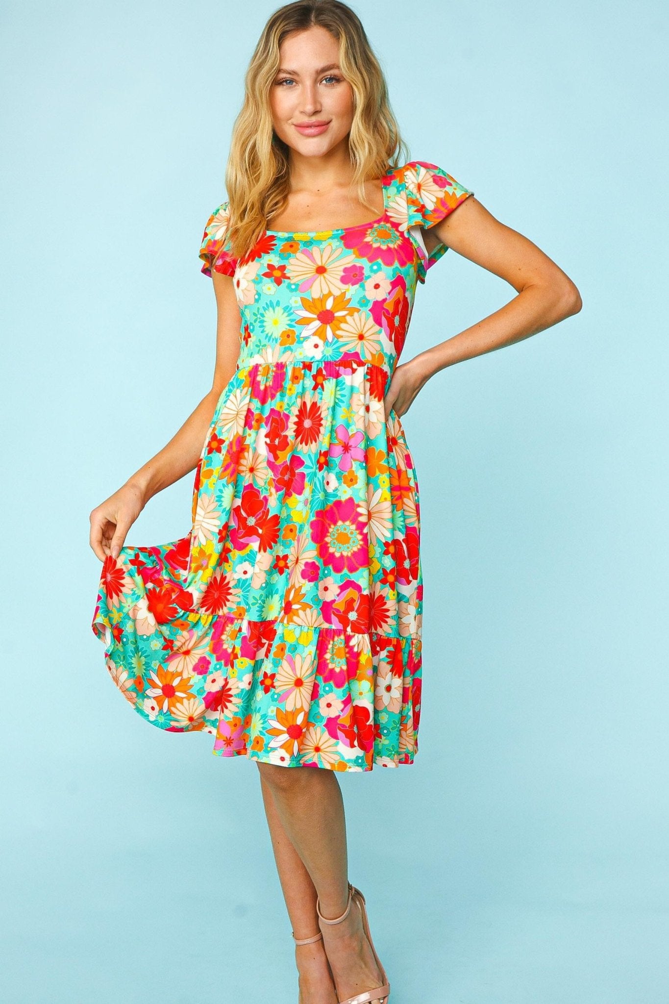 Haptics Floral Square Neck Short Sleeve Dress - Bitsy Gypsy Boutique