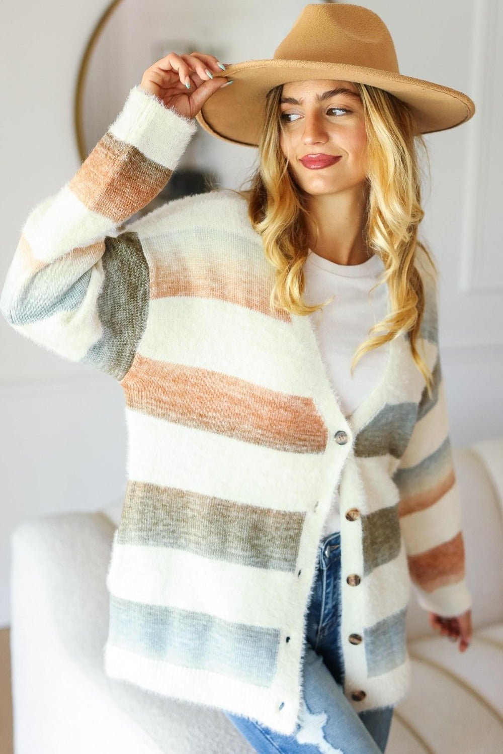 Haptics Full Size Button Down Stripe Soft Fuzzy Sweater Cardigan - Bitsy Gypsy Boutique