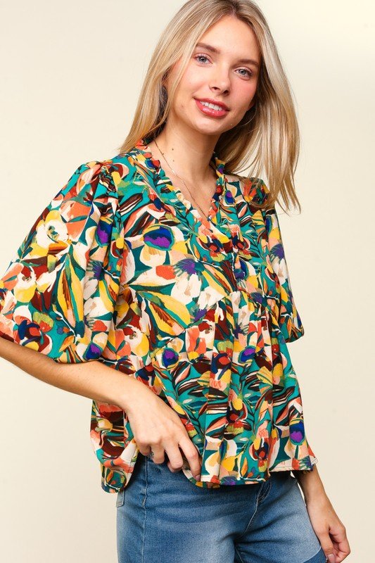 Haptics Full Size Frill Floral Puff Sleeve Peplum Blouse - Bitsy Gypsy Boutique