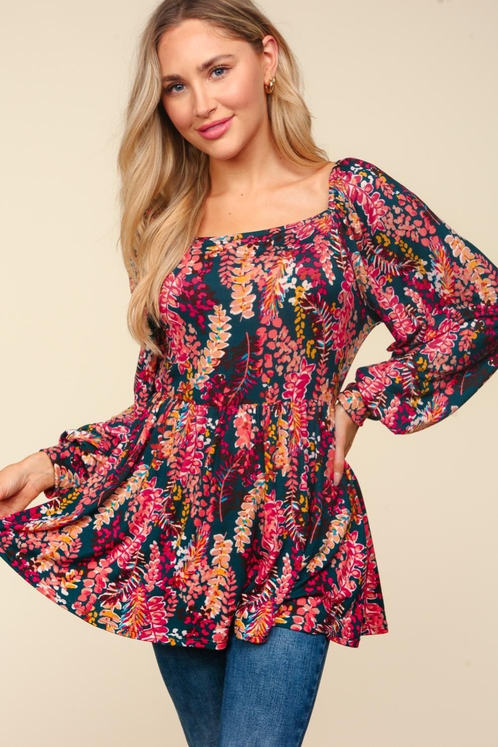 Haptics Full Size Peplum Floral Square Neck Blouse - Bitsy Gypsy Boutique