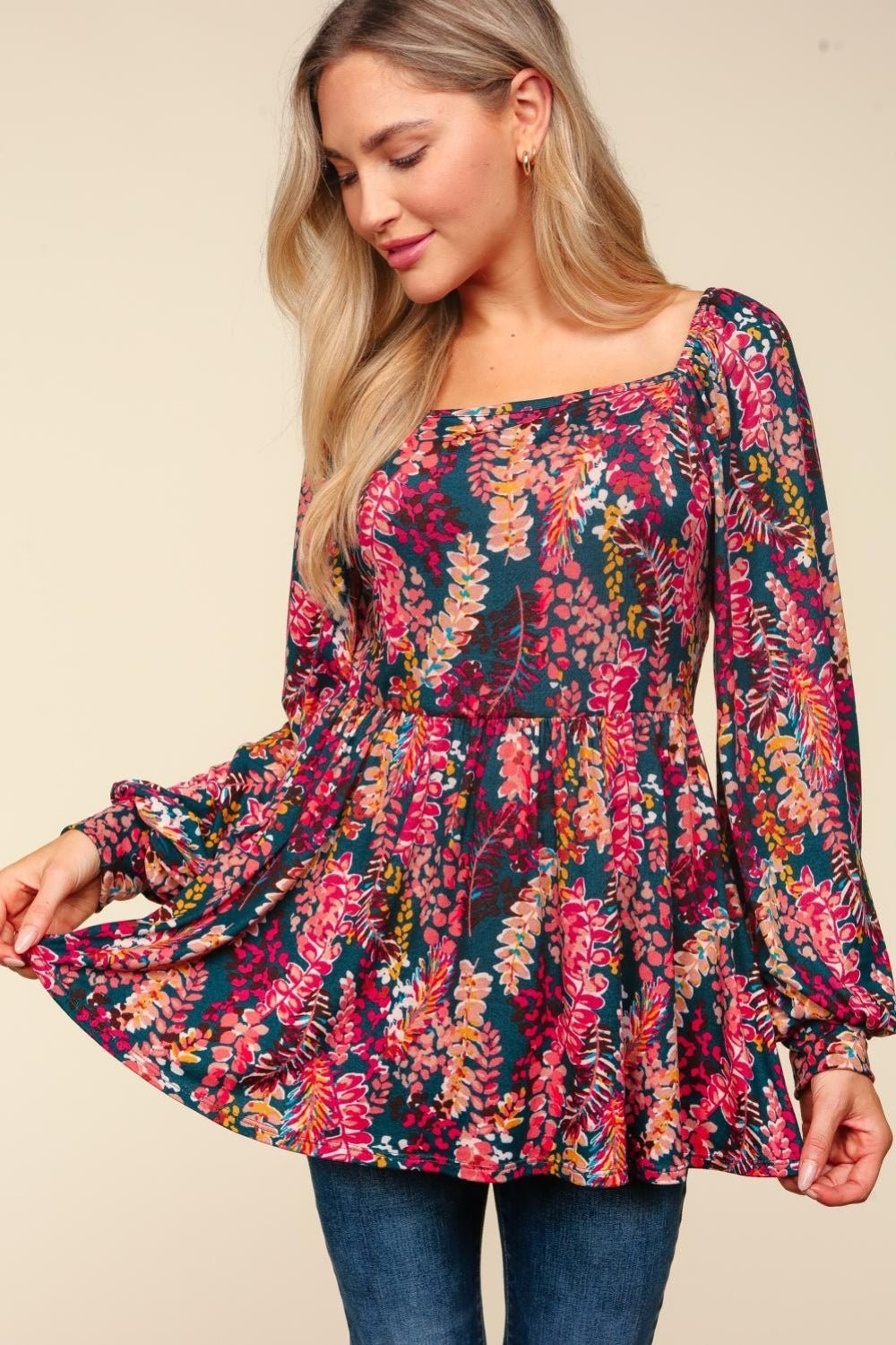 Haptics Full Size Peplum Floral Square Neck Blouse - Bitsy Gypsy Boutique