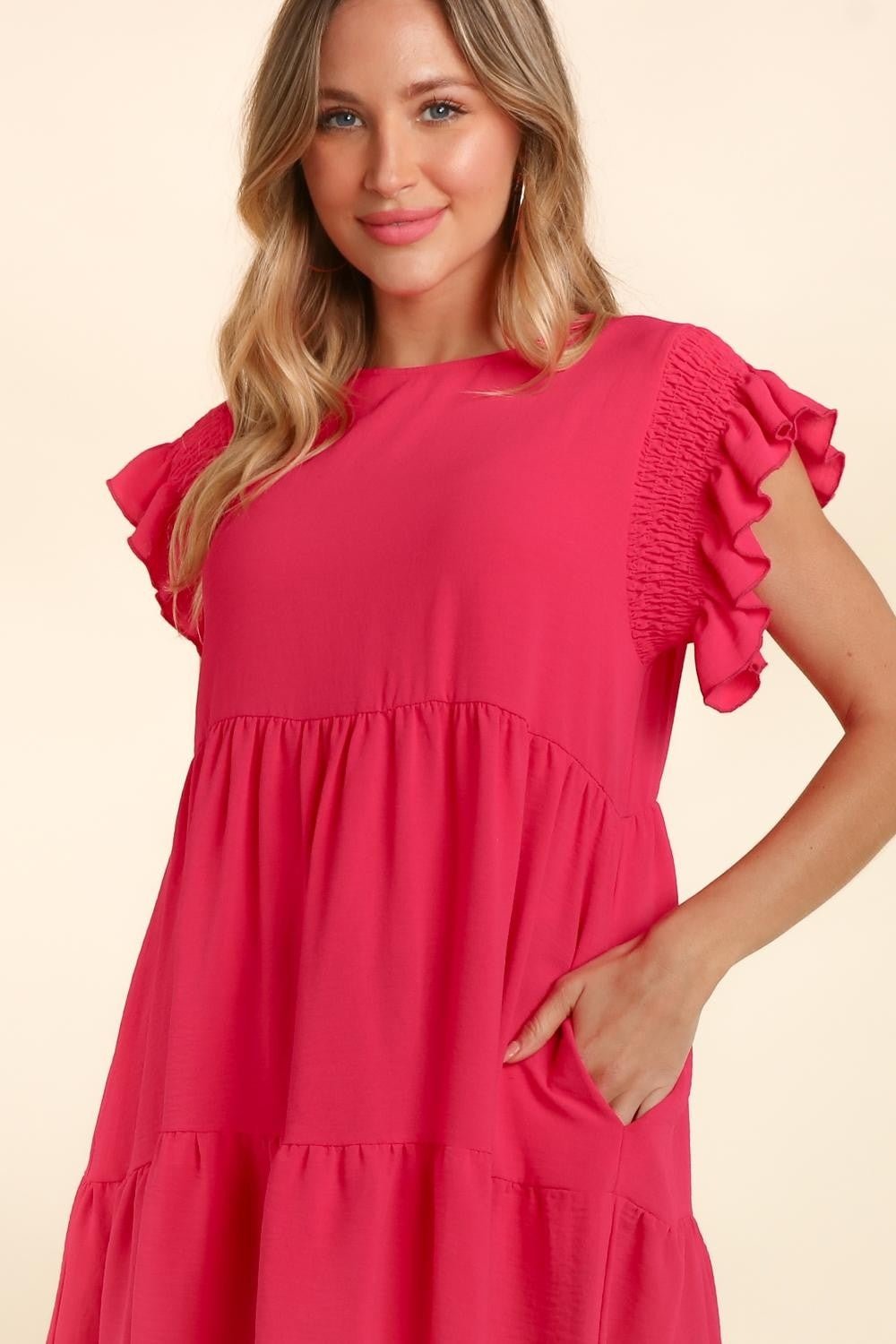 Haptics Full Size Smocking Ruffle Short Sleeve Dress with Pockets - Bitsy Gypsy Boutique
