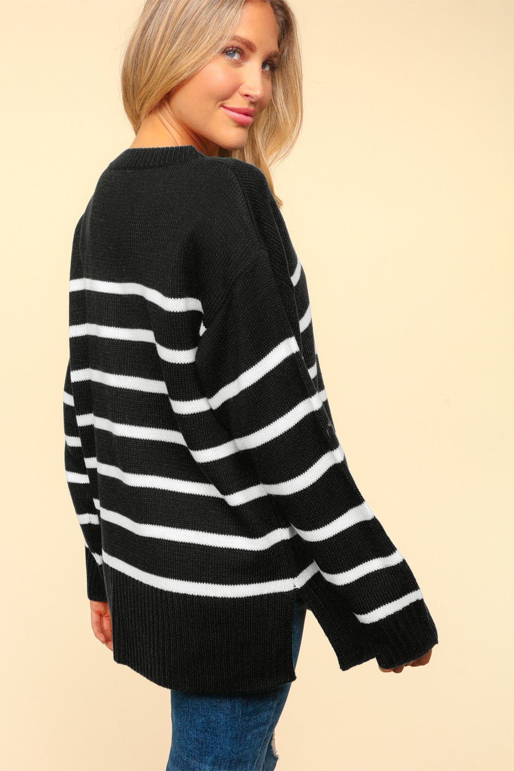 Haptics Full Size Striped Contrast Side Slit Sweater - Bitsy Gypsy Boutique