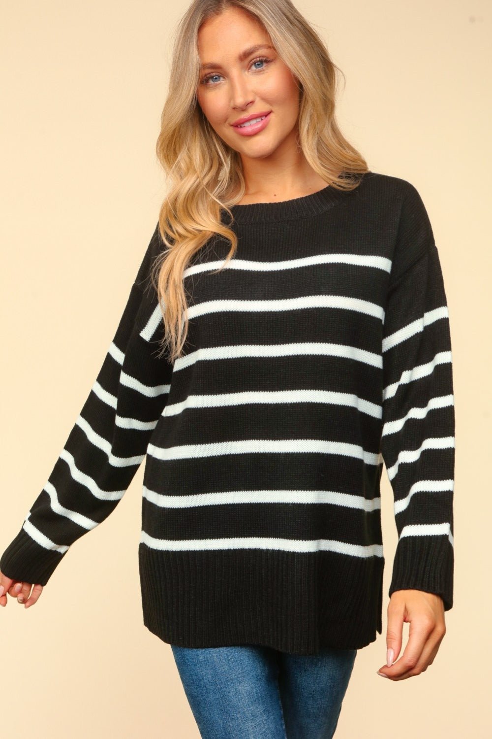 Haptics Full Size Striped Contrast Side Slit Sweater - Bitsy Gypsy Boutique