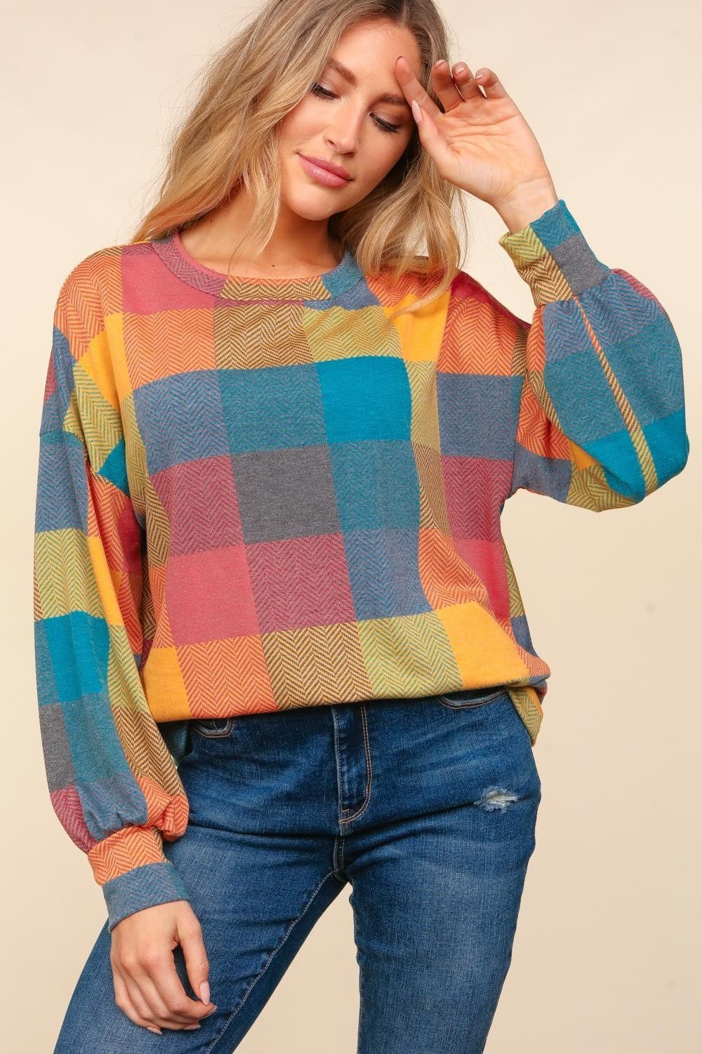 Haptics Round Neck Color Block Plaid Top - Bitsy Gypsy Boutique