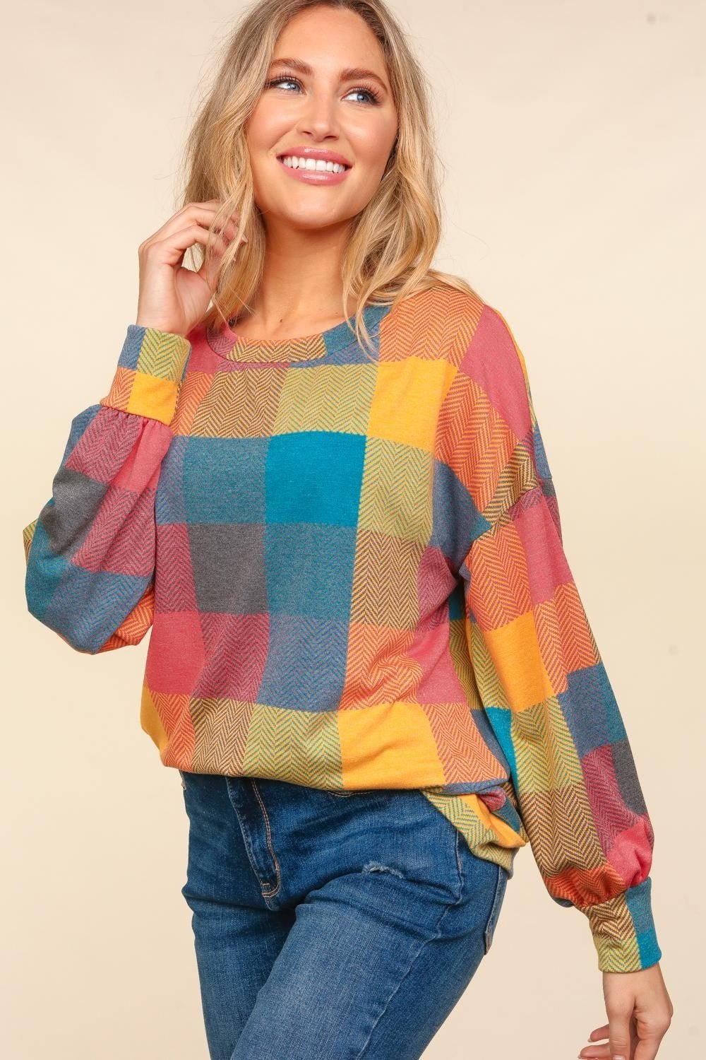 Haptics Round Neck Color Block Plaid Top - Bitsy Gypsy Boutique