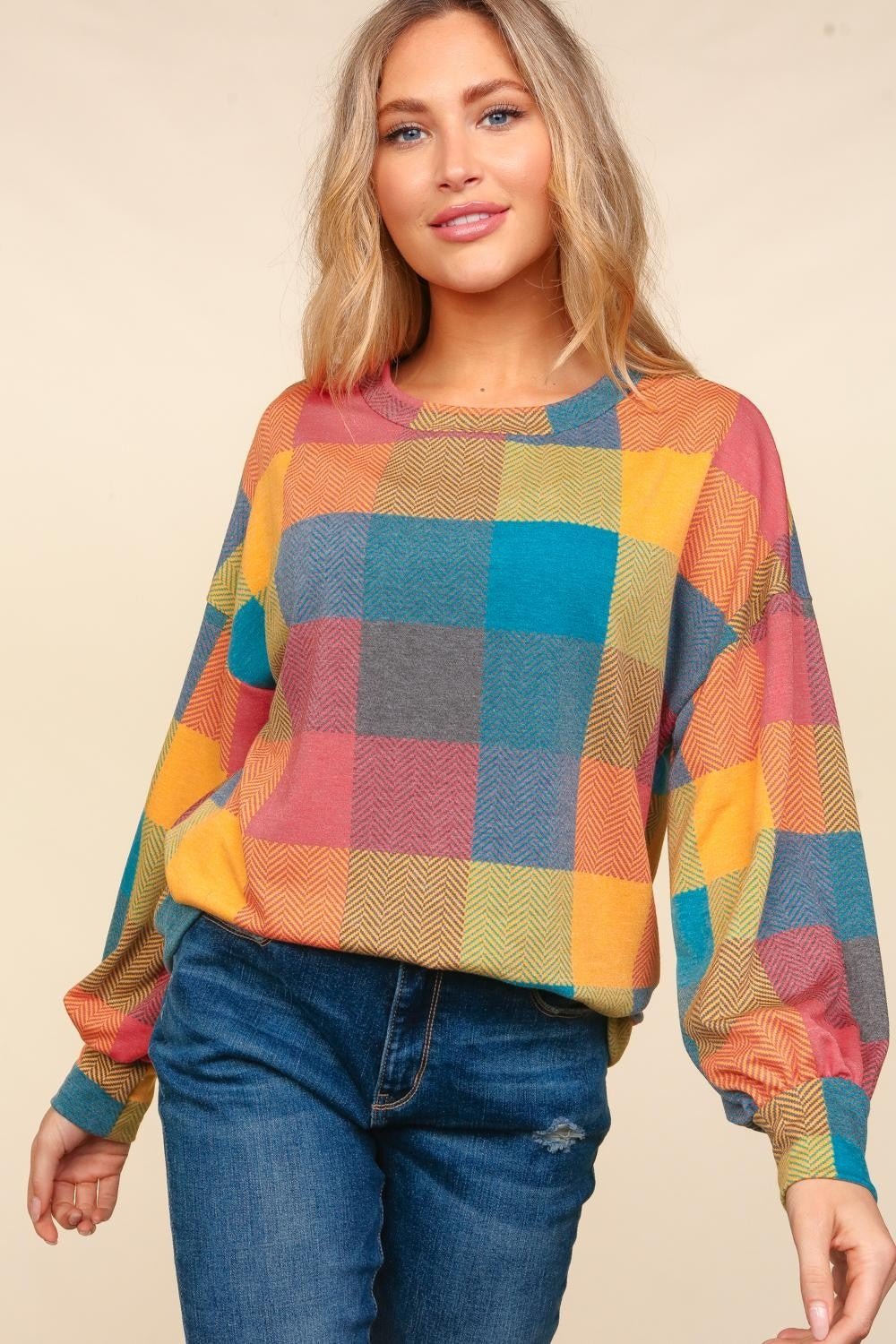 Haptics Round Neck Color Block Plaid Top - Bitsy Gypsy Boutique