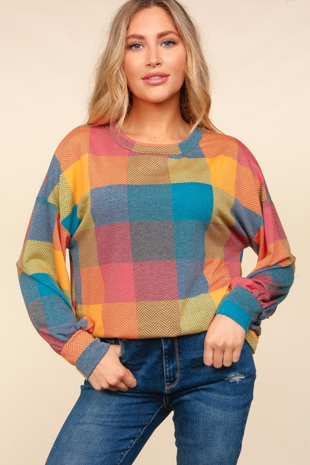 Haptics Round Neck Color Block Plaid Top - Bitsy Gypsy Boutique