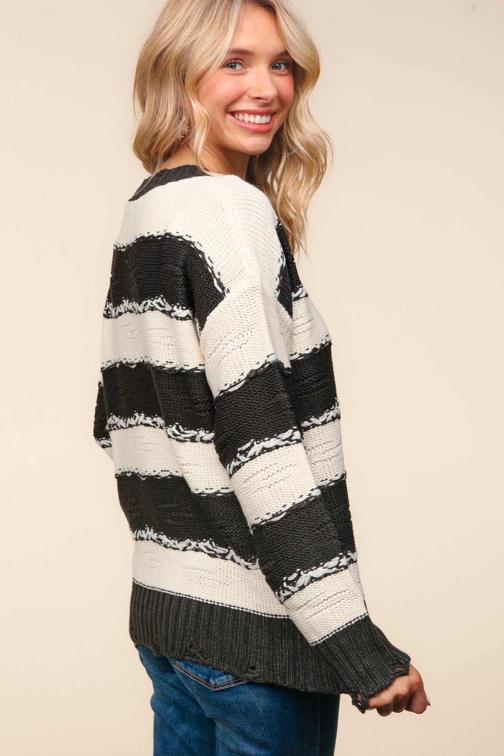 Haptics Striped Contrast Distressed Sweater - Bitsy Gypsy Boutique