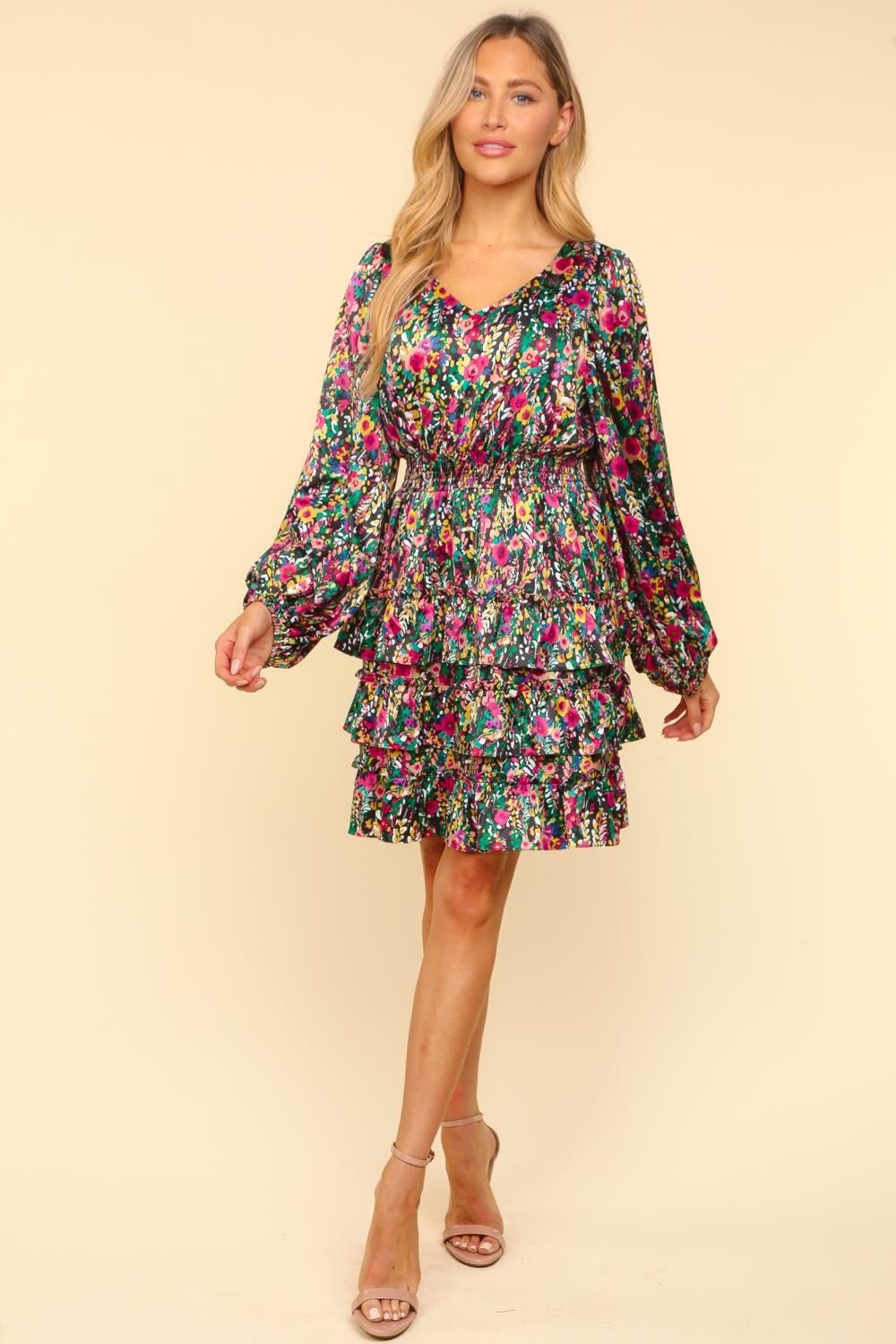 Haptics V - Neck Satin Floral Layered Dress - Bitsy Gypsy Boutique